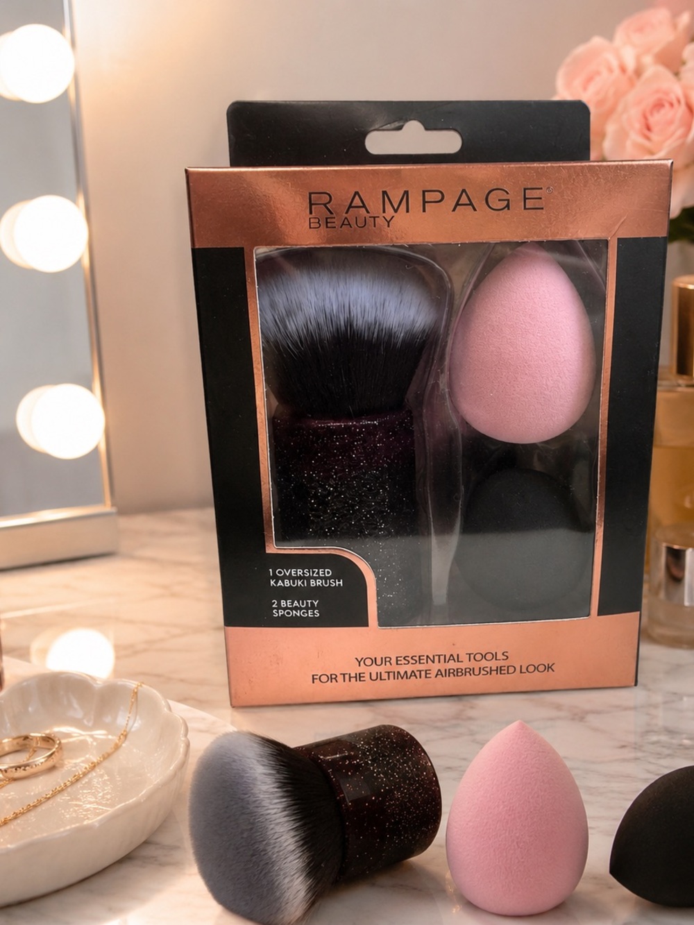 Rampage Beauty Pink and Black Makeup Sponge & Glitter* Kabuki Brush Set